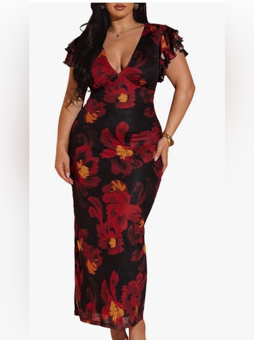 V-Neck Maxi Dress with Red & Gold Floral Print